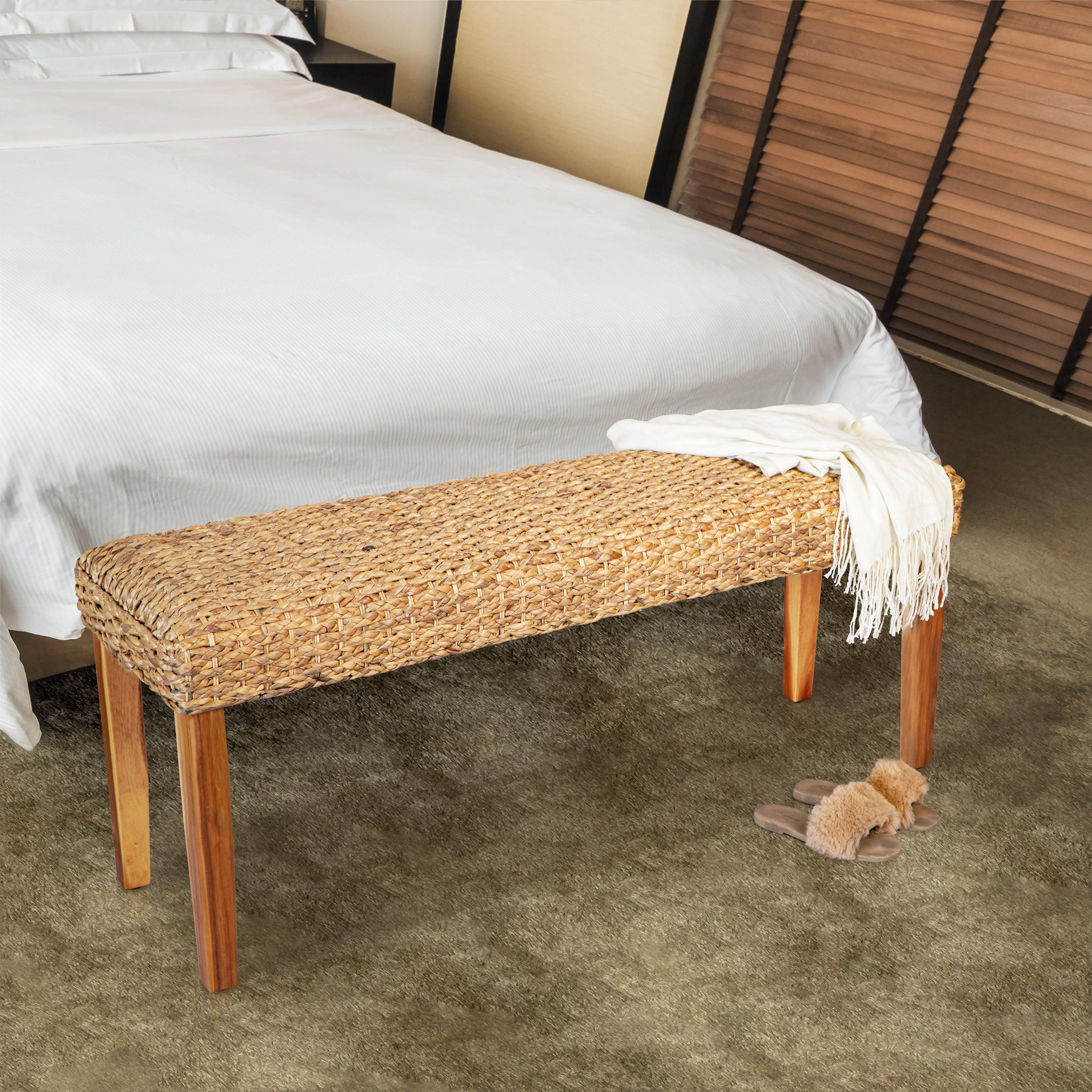 Halley Water Hyacinth Woven Seat Wooden Bench - Aleefurnishing