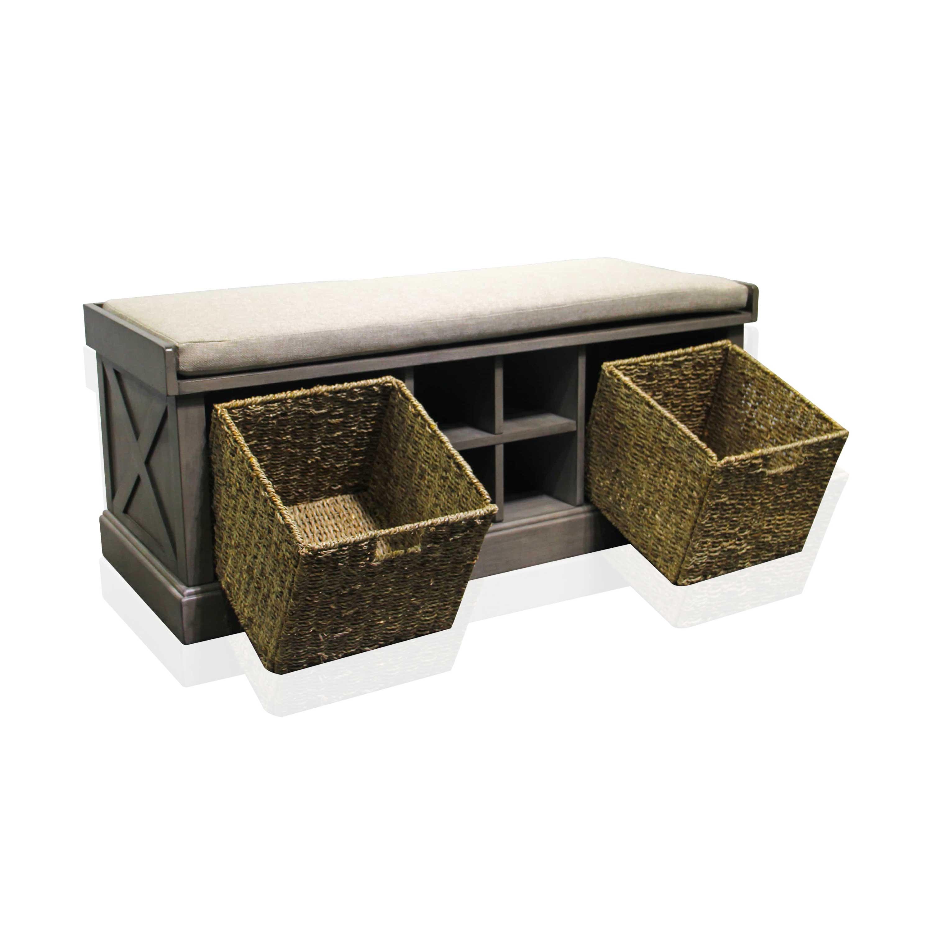 Maitee Grey Wood Indoor Storage Bench with Grey Cushion - Aleefurnishing