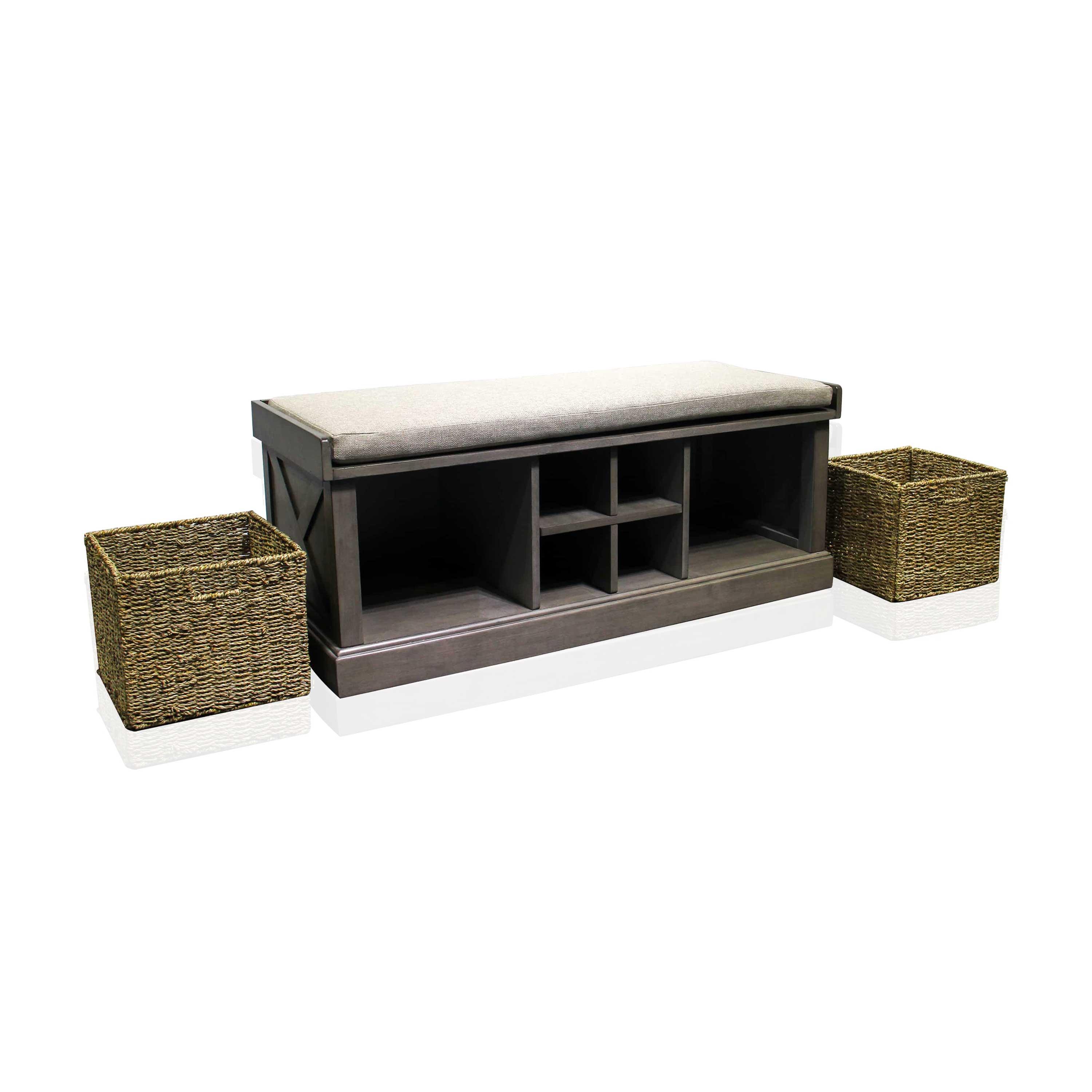 Maitee Grey Wood Indoor Storage Bench with Grey Cushion - Aleefurnishing