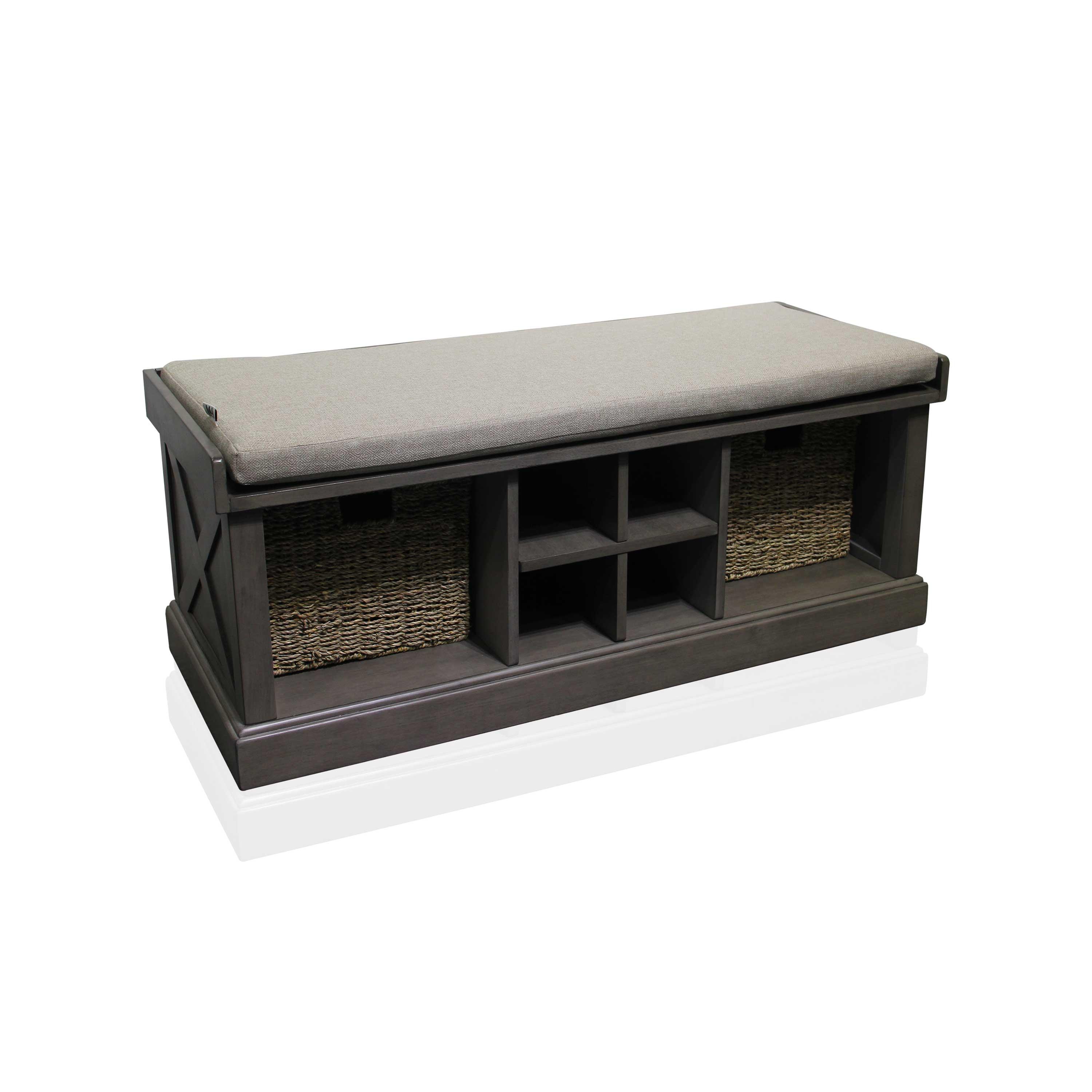 Maitee Grey Wood Indoor Storage Bench with Grey Cushion - Aleefurnishing