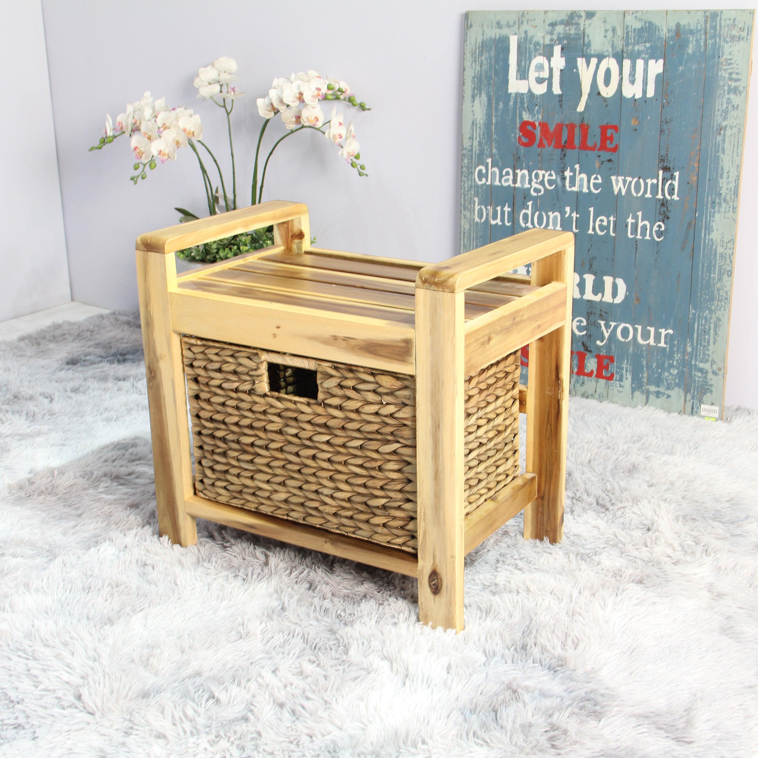 Leiden Wood Stool with Water Hyacinth Basket - Dark Brown - Aleefurnishing