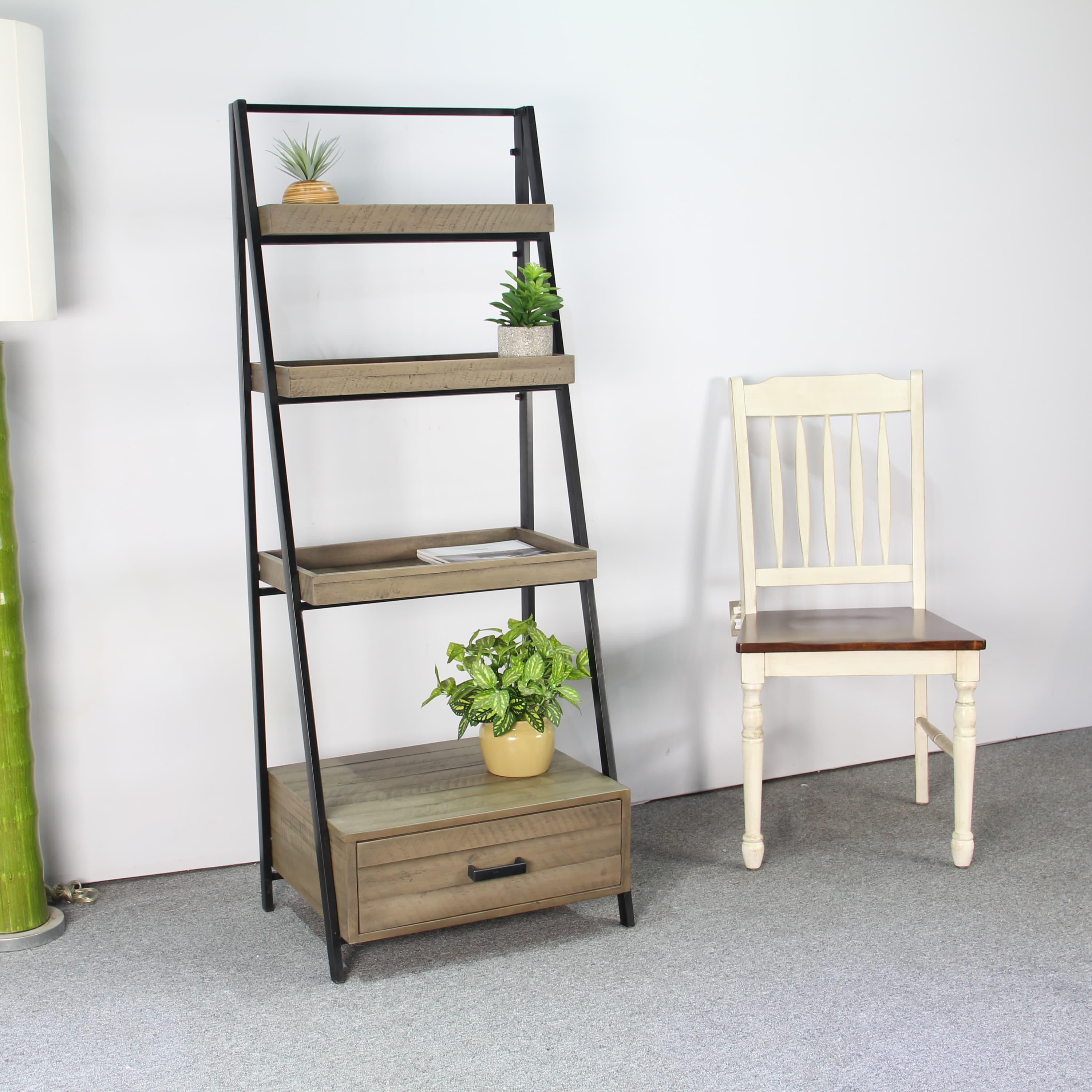 Bosco Grey Wood Indoor Ladder Bookcase With Drawer - Aleefurnishing