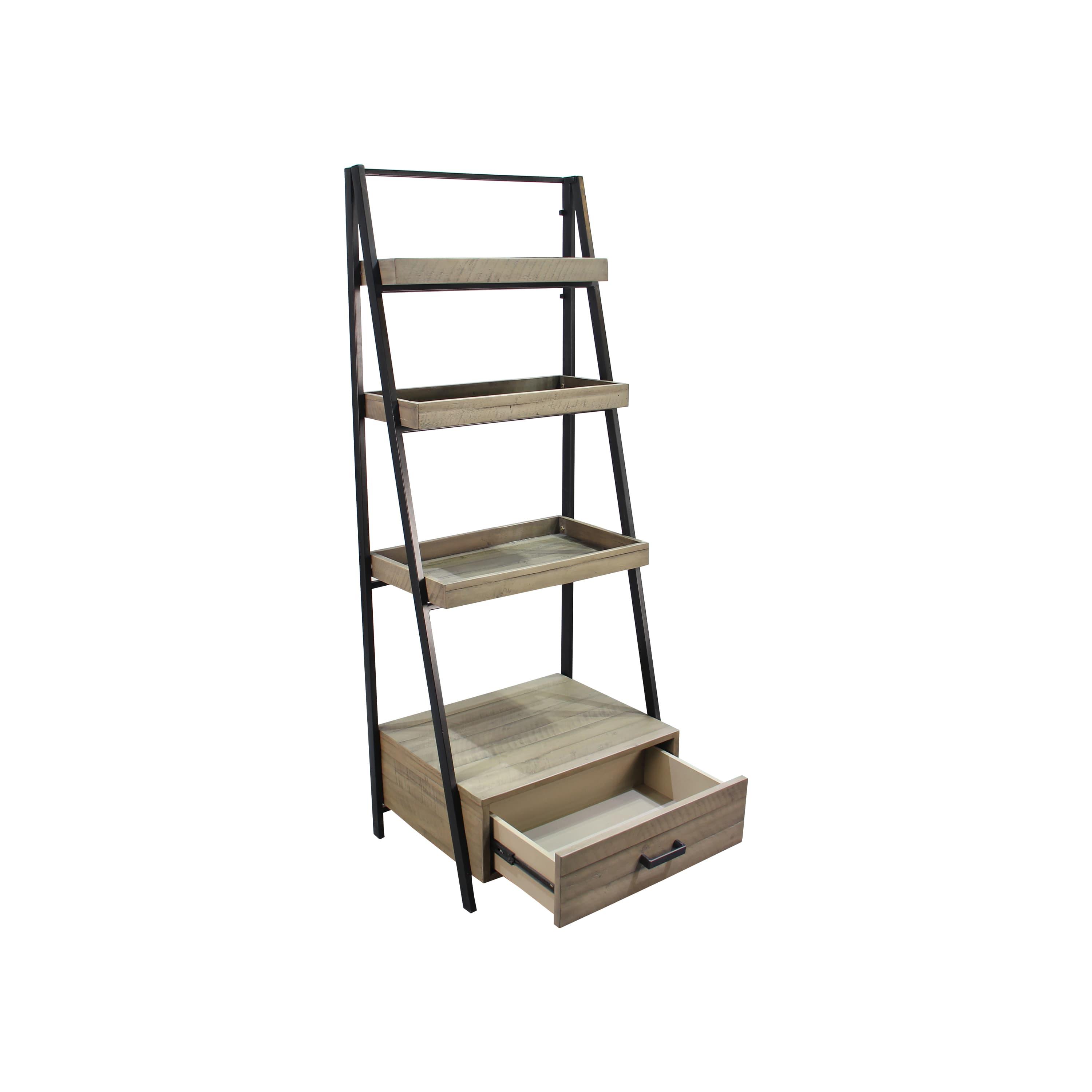 Bosco Grey Wood Indoor Ladder Bookcase With Drawer - Aleefurnishing