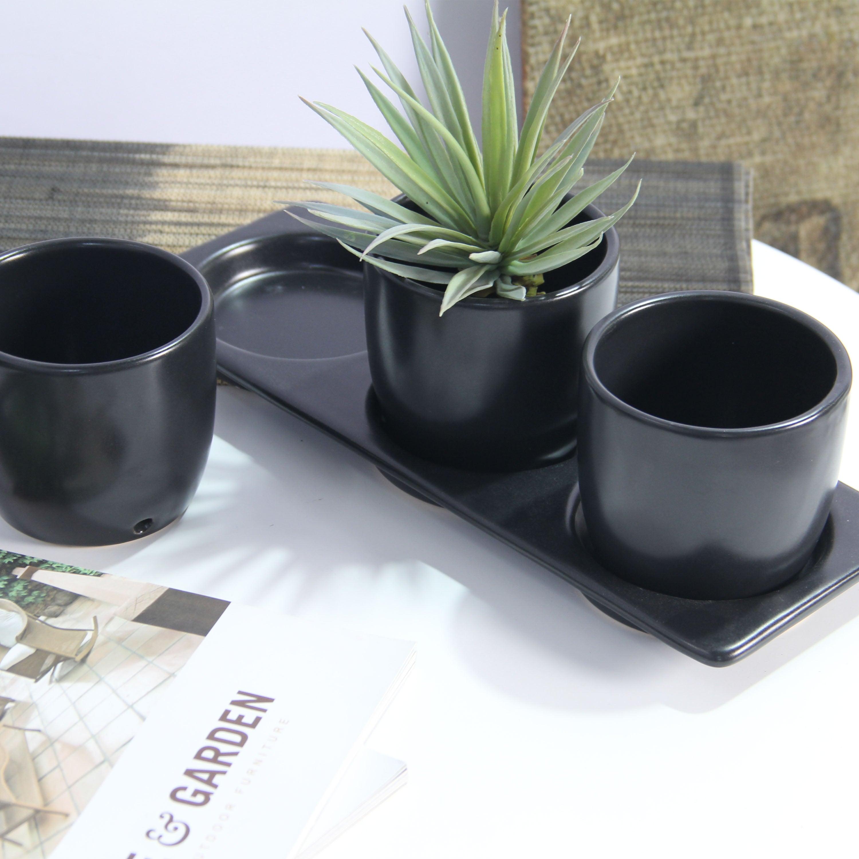 Segreto Black Ceramic Planter Set with Disk - Aleefurnishing